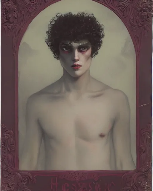 Prompt: a handsome but sinister and creepy young man in layers of fear, with haunted eyes and curly hair, 1 9 7 0 s, seventies, delicate embellishments, a little blood, crimson, painterly, offset printing technique, by alexandre cabanel