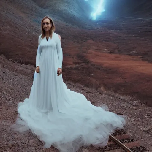 Image similar to photo, a woman in a giant flowing glowing illuminated white dress with an incredibly long train, standing inside a dark western rocky scenic landscape, volumetric lighting