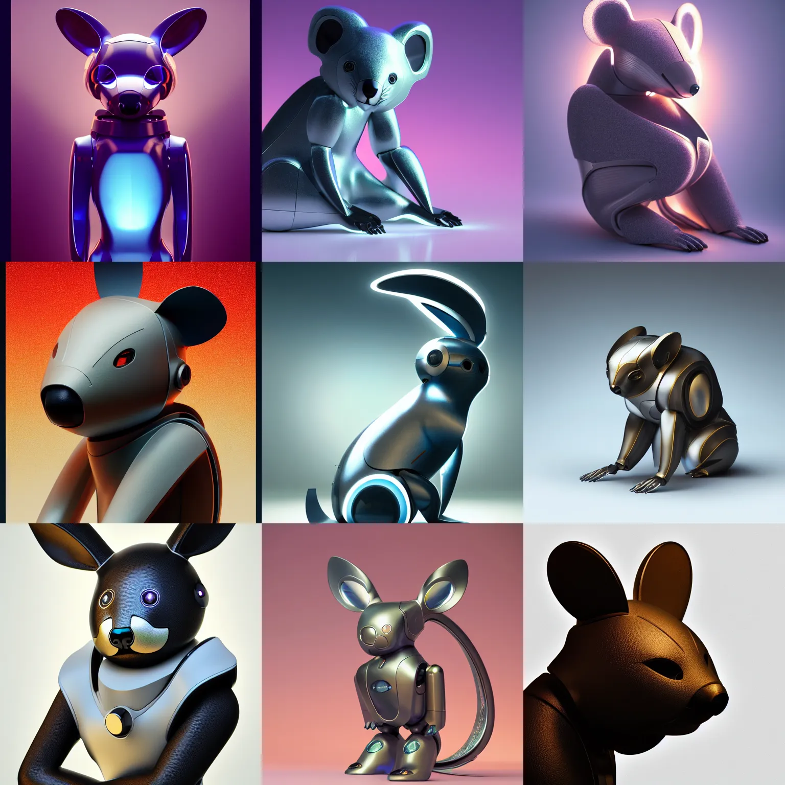 Prompt: product photo of a futuristic stylized pet robot, kindchenschema, large ears, large tail, by artgerm and greg rutkowski and marc newson and zaha hadid, alphonse mucha, otter koala mix, side view, volumetric light, detailed, octane render, midsommar - t