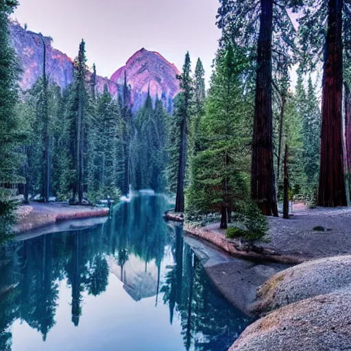 Image similar to a mirror lake in a forest of blue sequoia trees, lush, with mountains and hills and cliffs and towns full moon, dark clear sky with stars, light blue sparking and glowing dust in the wind. fantastic, mystical, glow