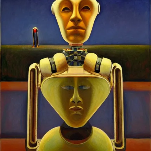 Prompt: intricate and refined, super - intelligent robot with kind eyes portrait, grant wood, pj crook, edward hopper, oil on canvas