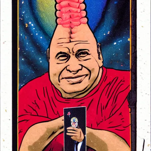 Image similar to Danny DeVito conehead tarot card