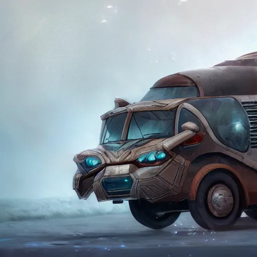 Prompt: Transformer hybrid of bus and wolf, having cabin if form of wolf head and long body of bus with wheels and windows, mechanical form of life, oil on canvas, fantasy, digital painting, concept art, smooth, sharp focus, illustration, artstation trending, octane render, unreal engine, Ghibli, anime style