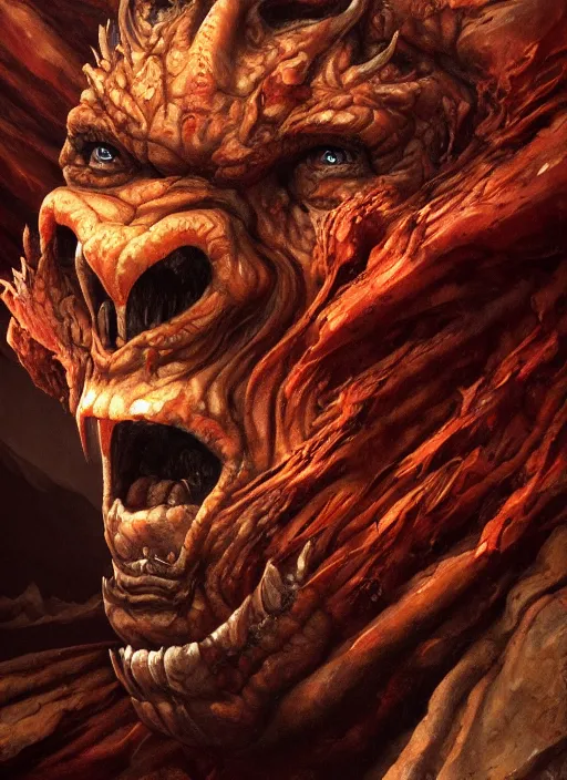 Image similar to close up portrait of a monster in the mountains of hell, oil painting by tomasz jedruszek, cinematic lighting, pen and ink, intricate line, hd, 4 k, million of likes, trending on artstation