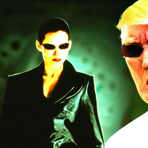 Prompt: movie still from the matrix ( 1 9 9 9 ) of donald trump