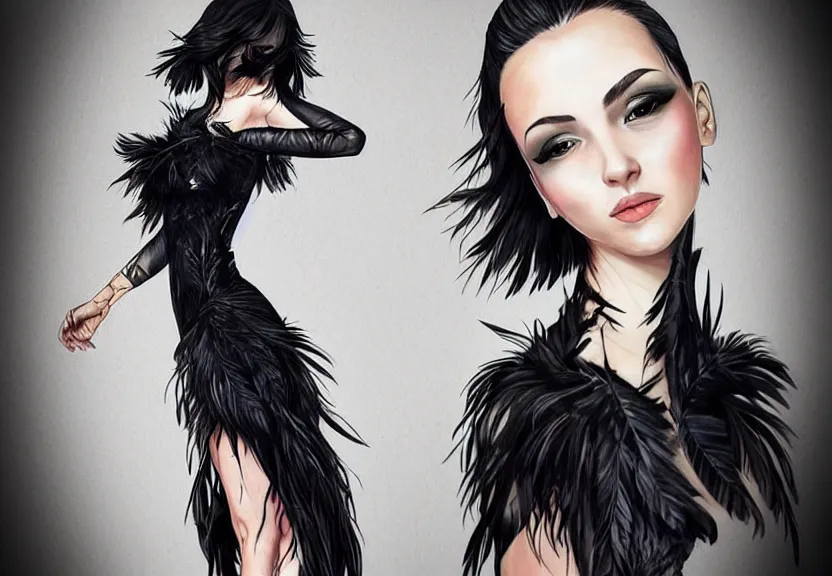 Image similar to beautiful girl with a short black haircut wearing a dress made of black feathers, artwork in artgerm art style, anatomically perfect