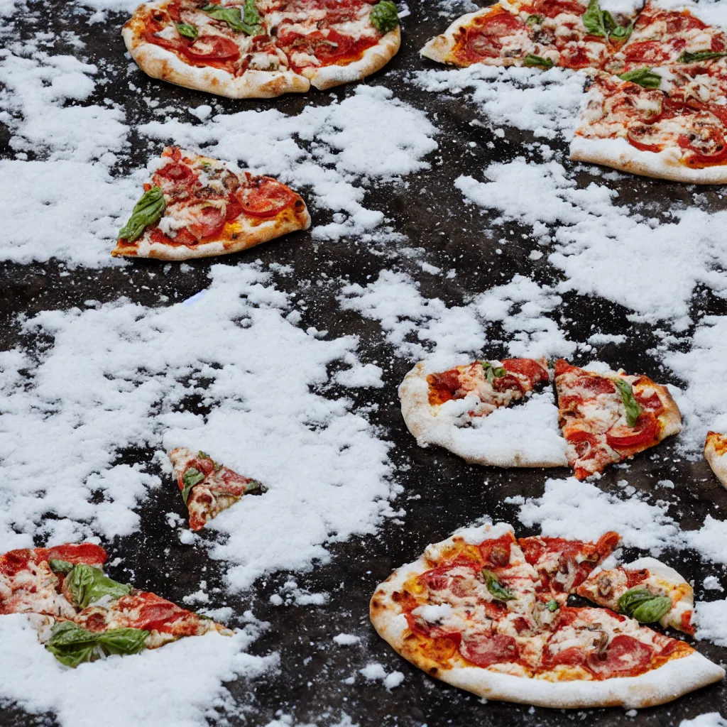 Prompt: gollum standing on all four in the snow over a pizza margherita