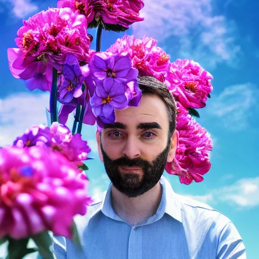 Image similar to a portrait of a man with flowers grow in the beard, roses peonies forget-me-nots dahlias lupins gladioli, sky theme in background, 35mm Photograph, 4K Resolution, Astrophotography, Digital Art, Trending on artstation