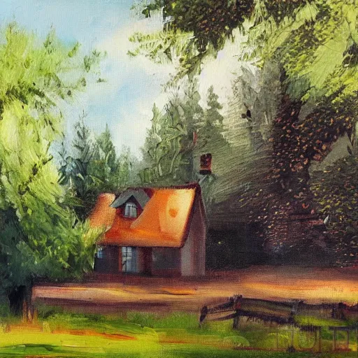 Prompt: house in the countryside on a sunny day, forest, peaceful, brush strokes, oil painting