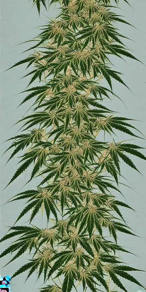 Image similar to A modern fine-art Chinese shanshui painting of cannabis tree with dank buds ready to harvest, full of amber trichome