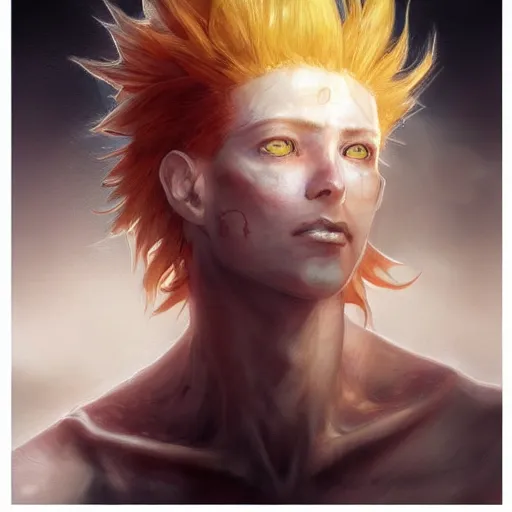 Image similar to beautiful portrait of hisoka morow, red hair, white shirt with yellow hem, realistic anime, hyper realistic concept headshot art, sharp, digital matte painting, art by luis royo, greg rutkowski, wlop, dramatic lighting, trending on artstation