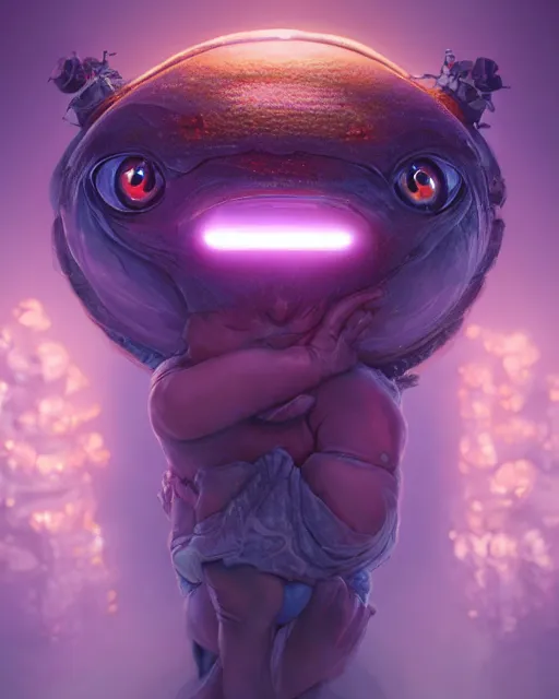 Image similar to one signular portrait of a cute bioluminescent baby creature with big glowing eyes, highly detailed, digital painting, cinematic, hyper realism, dark retrowave, art by Stanley Lau and Artgerm and magali villeneuve and Alphonse Mucha, artstation, octane render, cgsociety