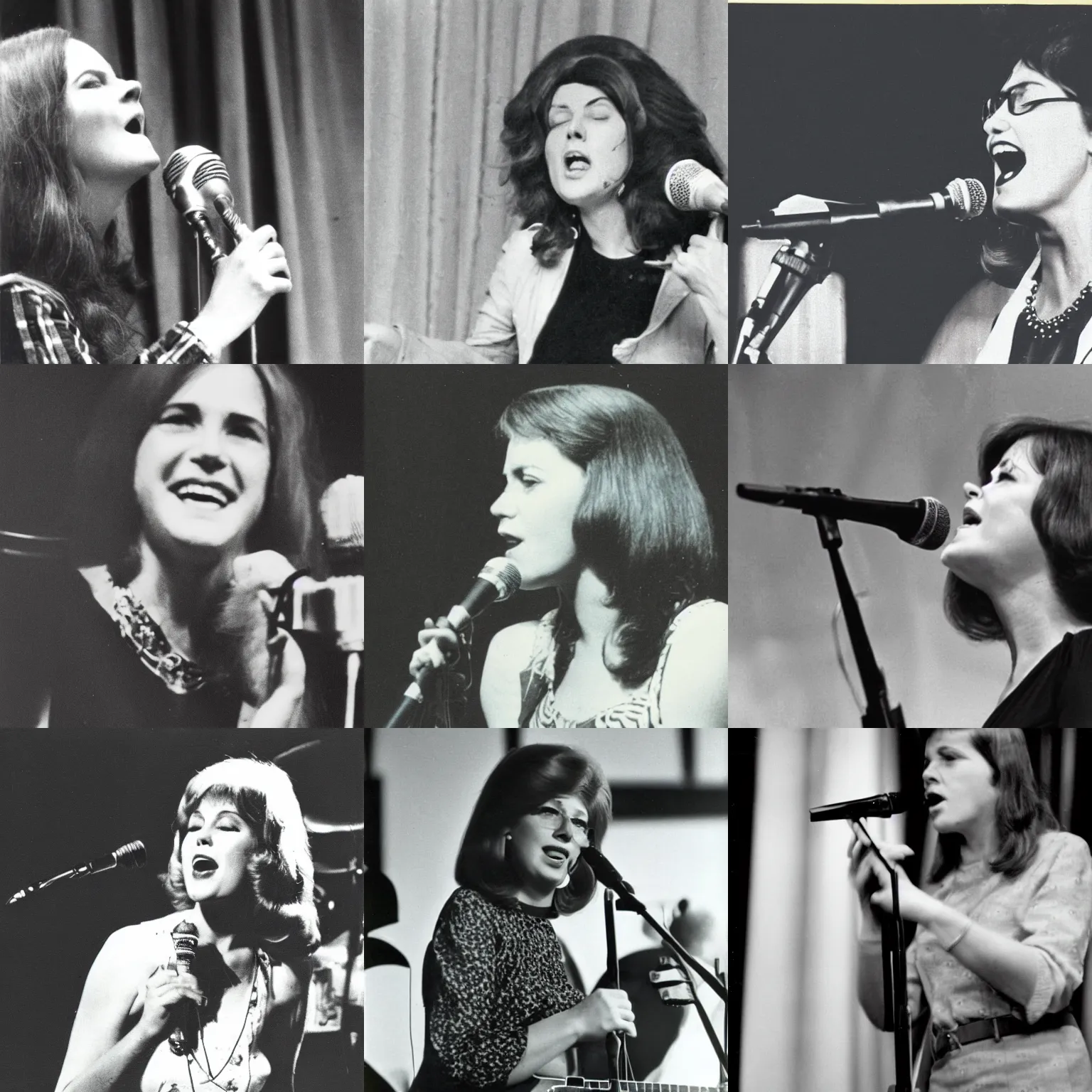 Prompt: Photograph of Barbara Acklin singing on stage, circa 1970s