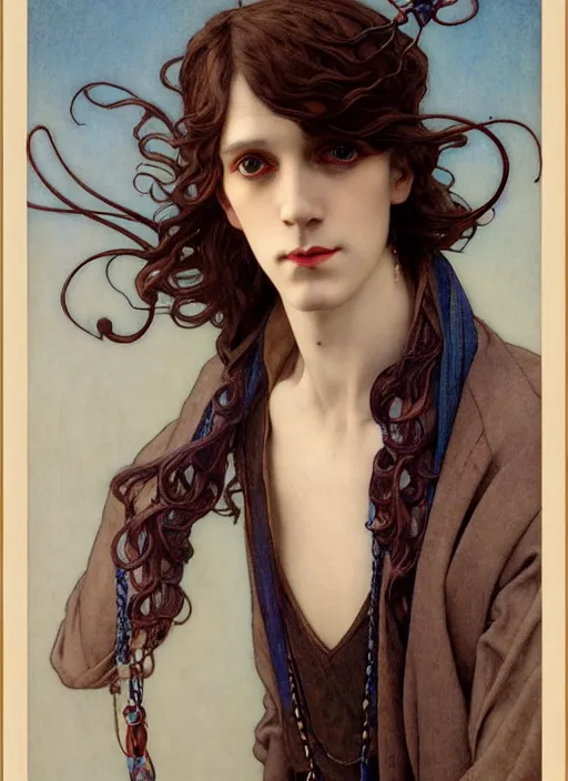 Image similar to edmund dulac, leyendecker, highly detailed portrait, a beautiful androgynous sebastian michaelis, long hair, tall and thin, wearing several pendants, art nouveau, stephen bliss, unreal engine, by greg rutkowski, loish, ferdinand knab, ilya kuvshinov, rossdraws, tom bagshaw, alphonse mucha, global illumination, radiant light