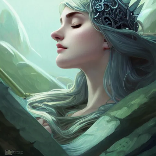 Prompt: knight, lying down on rock, white grey blue green color palette, eyes closed, forest, female, d & d, fantasy, intricate, elegant, highly detailed, long silver hair, digital painting, artstation, octane render, concept art, matte, sharp focus, illustration, hearthstone, art by artgerm, alphonse mucha johannes voss