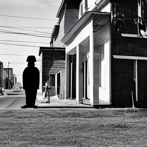 Prompt: the Babadook standing across the street, photograph, black and white