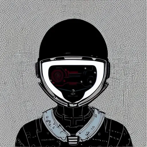 Image similar to “in the style of josan Gonzalez and jinx88 a young and suave cyberpunk teenager wearing a futuristic helmet, eyes still visible, highly detailed, black and white y2k”