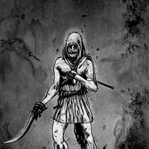 Prompt: hellscape, machete weilding warrior, fighting for life, classicism artstyle, glowing eyes, islamic revolution,