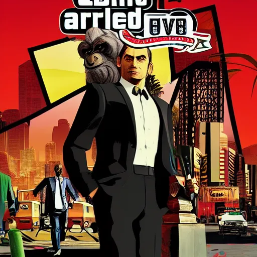 Image similar to monkey in a suit smoking weed in GTAV, cover art by Stephen Bliss, boxart, loading screen