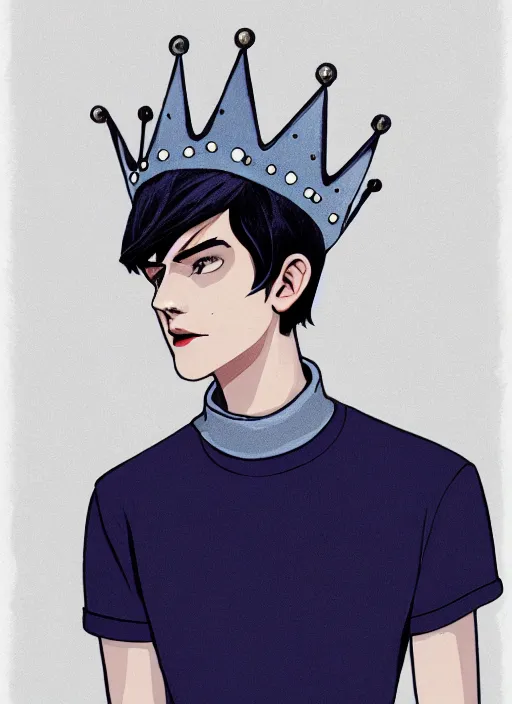 Image similar to portrait of teenage jughead jones wearing a light grey crown, crown, blue turtleneck, 1 9 5 0 s, closed eyes, photorealistic, black hair, glowing lighting, intricate, elegant, glowing lights, highly detailed, digital painting, artstation, concept art, smooth, sharp focus, illustration, art by wlop, mars ravelo and greg rutkowski