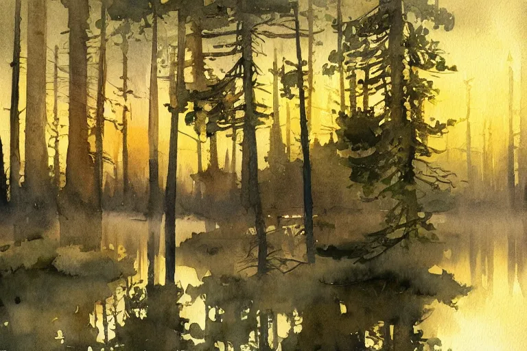 Image similar to small centered on watercolor paper, paint brush strokes, abstract watercolor painting of golden night at mini lake, heavy pine forest, cinematic light, american romanticism by hans dahl, by jesper ejsing, by anders zorn, by greg rutkowski, by greg manchess, by tyler edlin