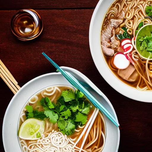 Image similar to flatlay realistic photo of delicious pho, ramen, highly detailed, natural light, 8 k hd, award winning, food photography, 3 5 mm,