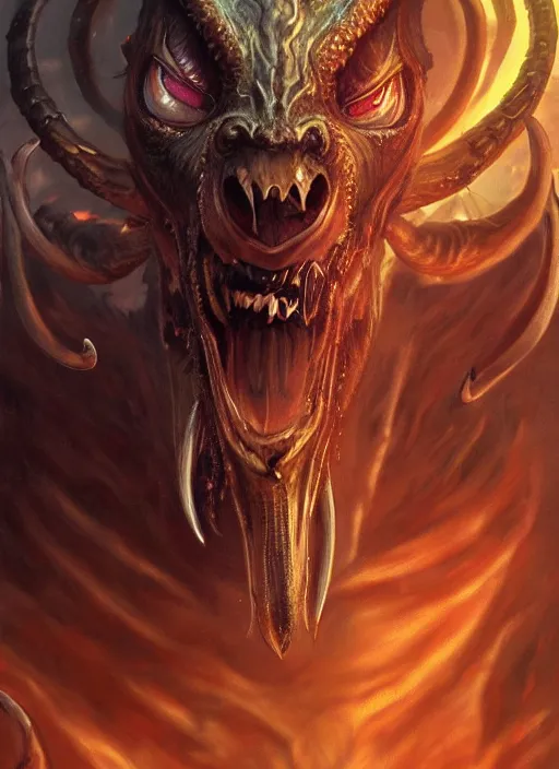 Image similar to hellish demon with gold fangs and twisted horns, close up, goat eyes and snake scales, hairy beast, sinister portrait, highly detailed, digital painting, artstation, concept art, matte, sharp focus, illustration, dramatic, cinematic sunset, hearthstone, art by artgerm and greg rutkowski and alphonse mucha