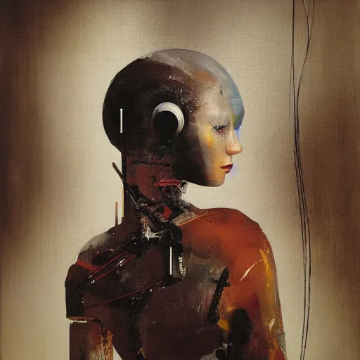 Prompt: mechanical wren robot bird on the shoulder of a monk latin woman, oil on canvas by Yoji Shinkawa and Stina Persson