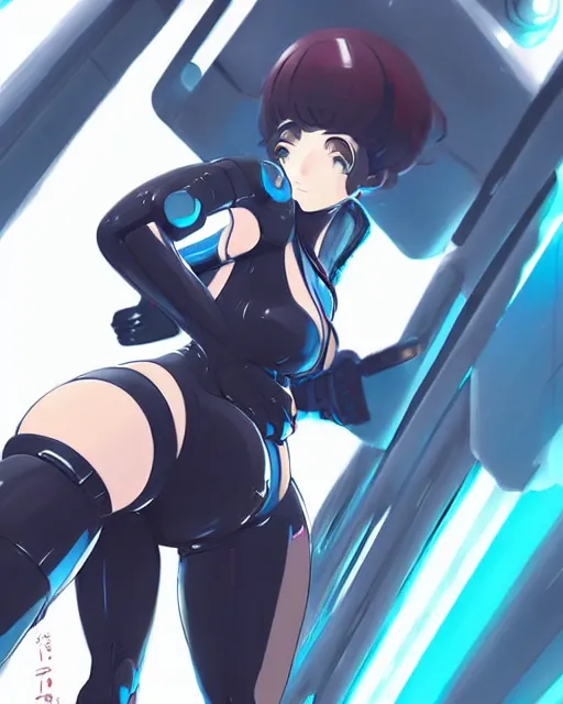 Image similar to a large cute thicc futurstic robotic girl, large thighs, sleek design, cyberpunk, by makoto shinkai an krenz cushart