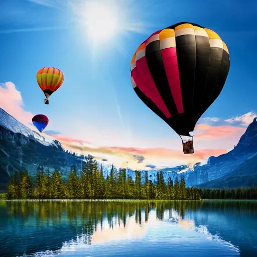 Image similar to photo of two black swans touching heads in a beautiful reflective mountain lake, a colorful hot air balloon is flying above the swans, hot air balloon, intricate, 8k highly professionally detailed, HDR, CGsociety