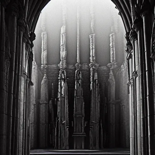 Image similar to hyperrealism hyperdetail. submerged cathedral of dagon beneath the ocean floor. photography by ansel adams. ominous light emits from deep inside the temple.