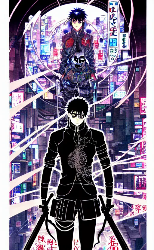 Prompt: an intricate detailed main cover of the manga, a strong male anime hero with two magical swords, in neo tokyo cyberpunk city with spirit sight, by Katsuhiro Otomo + Sui Ishida, in the anime Ghost In the Shell, trending on artstation + clean lines + lineart +clean edges