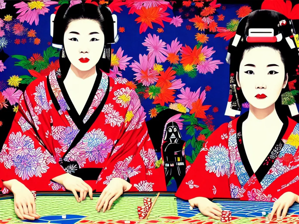 Image similar to hyperrealistic composition of the detailed woman in a japanese kimono sitting at a poker table with detailed darth vader, fireworks, mount fuji on the background, pop - art style, jacky tsai style, andy warhol style, acrylic on canvas