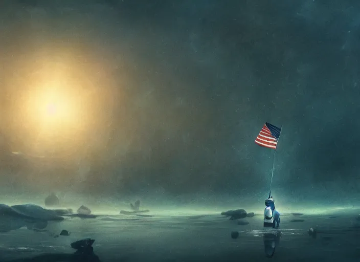 Image similar to astronaut holding a flag in an underwater desert. a submarine is visible in the distance. dark, concept art, cinematic, dramatic, atmospheric, 8 k, trending on artstation, blue, fish, low visibility, fog, ocean floor, christopher nolan, interstellar