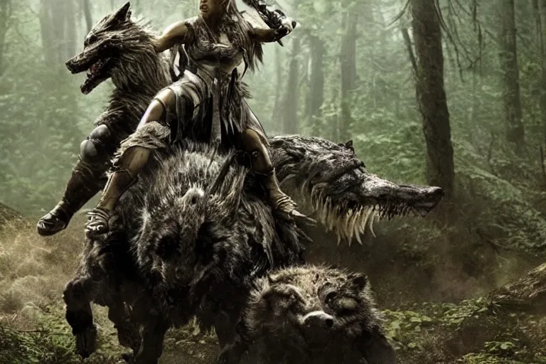 Image similar to vfx movie closeup detailed ancient armored warrior orc hunting riding large wolf in the forest, natural lighting by emmanuel lubezki