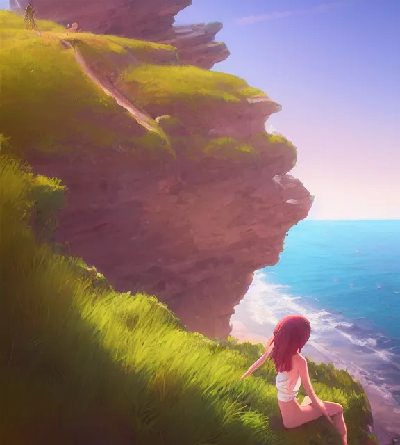 Image similar to a girl sitting on a cliff overlooking a beach. vivid colors, soft lighting, atmospheric, cinematic, moody, in the style of ilya kuvshinov and range murata, krenz cushart, oil on canvas, 8 k