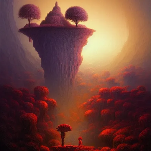 Image similar to enchanted temple landscape in the style of riven and myst by beksinski and rhads vivid color, highly detailed, mystical, digital painting, artstation, concept art, matte, sharp focus.