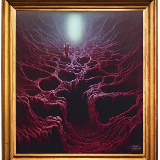 Image similar to ryan reynolds entering a chasm full of unspeakable cosmic horrors, horror, blood red, terrifying atmosphere, atmospheric, by zdzisław beksinski, 8 k