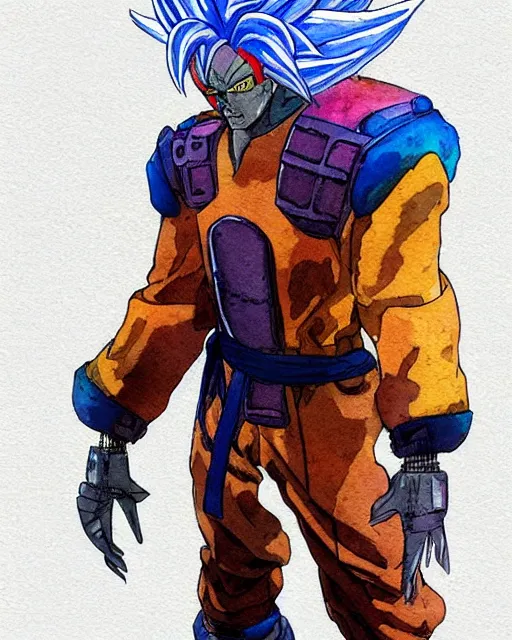 Prompt: a watercolor painting full body character portrait of a cyborg super saiyan martial artist in the style of moebius in the style of cyberpunk trending on artstation deviantart pinterest detailed realistic hd 8 k high resolution