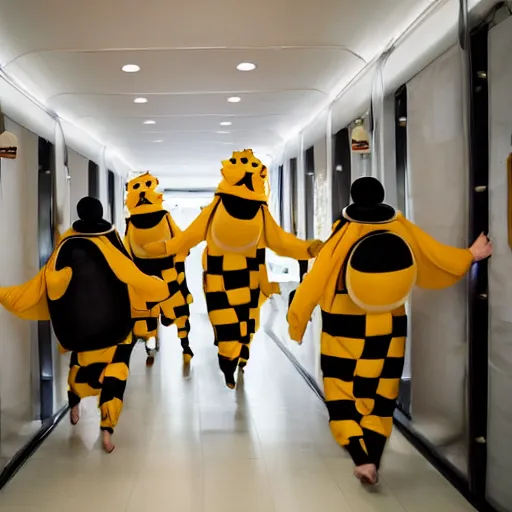 Prompt: several men with bee costumes and bee wings running down the corridor of a capsule hotel