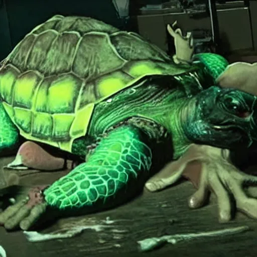 Image similar to foto of frankenstein reanimating turtle from the dead in a op room