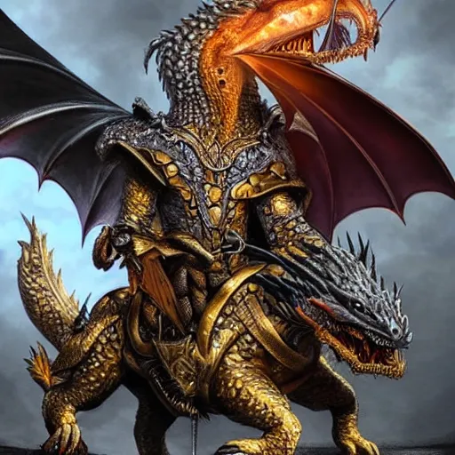 Prompt: portrait of Emmanuel Macron in fantasy armor behind him a dragon. breathe fire, realistic, detailed, cinematic light, art of D&D