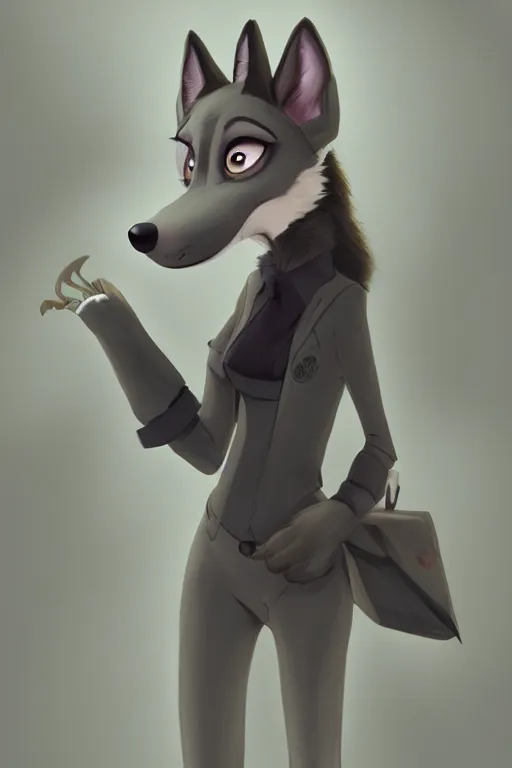 Image similar to matte painting of anthromorphic female wolf, in style of cory loftis, female fursona, furry, furaffinity, 4 k, deviantart, furry art, fursona art, wearing black business suit, business suit, in style of zootopia, wolf fursona, cyberpunk, female, very expressive detailed feminine face,