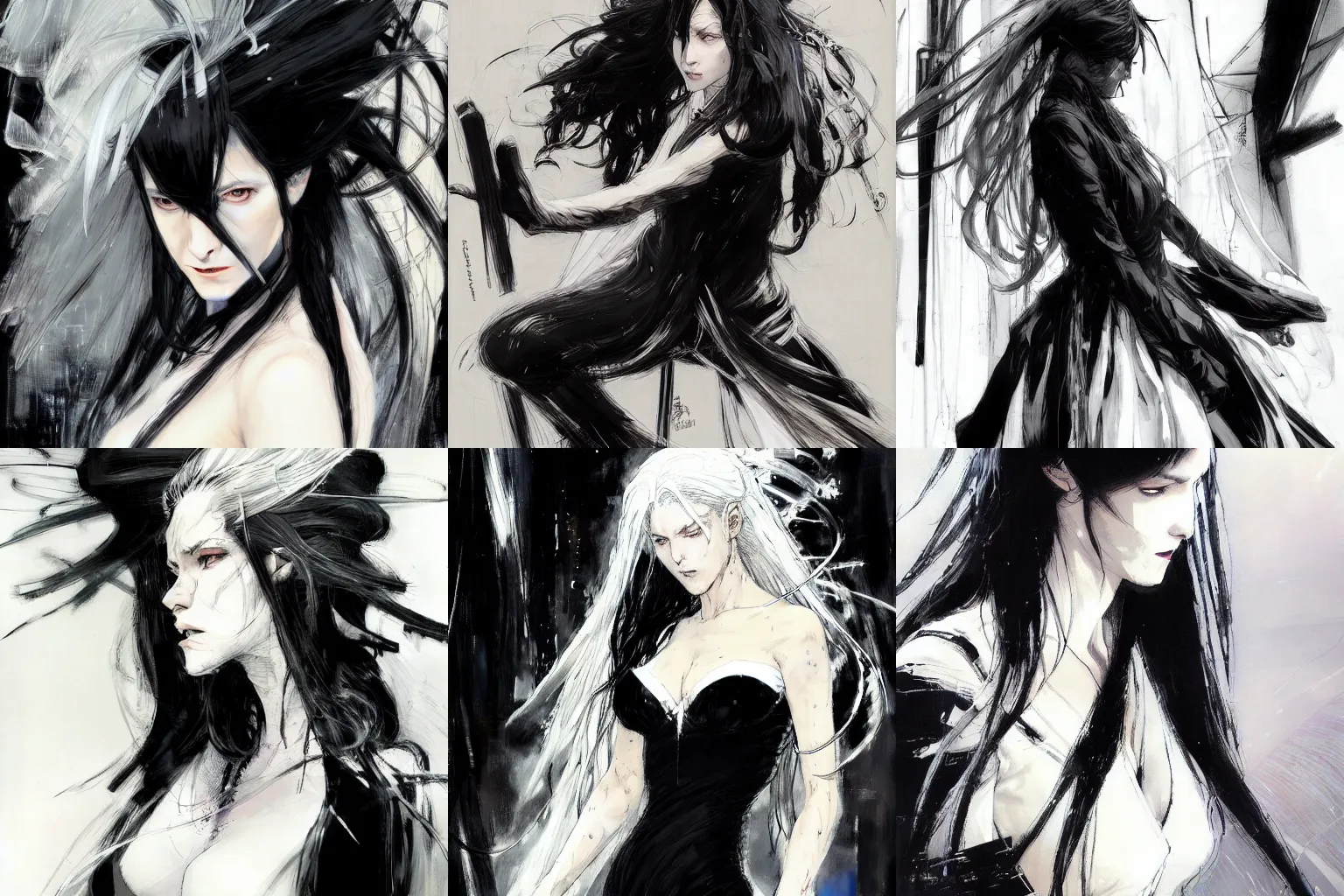 Prompt: Woman dressing black and long white hair by Wadim Kashin and Takehiko Inoue