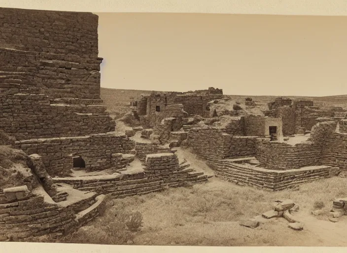 Image similar to Antique photograph of pueblo ruins on a towering Mesa showing terraced gardens in the foreground, albumen silver print, Smithsonian American Art Museum