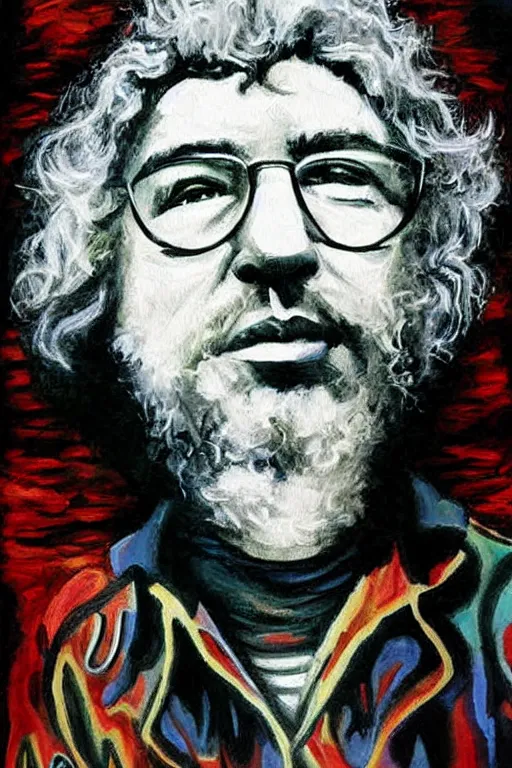 Prompt: Poster artwork, painting of Jerry Garcia by Bob Dylan