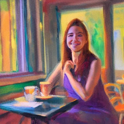 Image similar to a young woman smiling while listening to music in a coffee shop, impressionist style, 4 k,