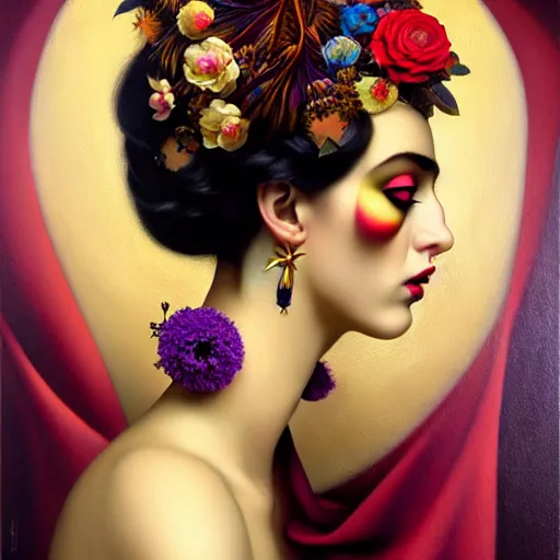 Image similar to dynamic composition, a painting of a woman with hair of flowers and raven plummage wearing ornate earrings, a surrealist painting by tom bagshaw and jacek yerga and tamara de lempicka and jesse king, featured on cgsociety, pop surrealism, surrealist, dramatic lighting, wiccan, pre - raphaelite, ornate gilded details