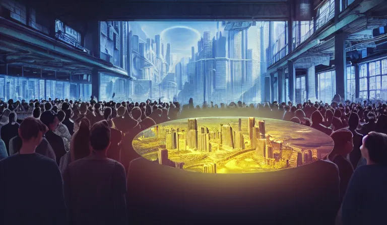 Prompt: crowd of people in walled warehouse, looking at hologram of futuristic city on a table, cinematic concept art, godrays, golden hour, natural sunlight, 4 k, clear details, tabletop model buildings, center model buildings, hologram center, crane shot, crane shot, crane shot