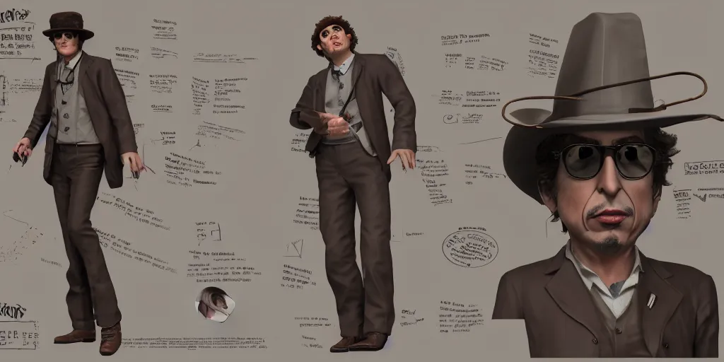 Image similar to bob dylan as a 2 0 s roving gambler, character sheet, concept design, contrast, hot toys, kim jung gi, greg rutkowski, kim jung gi zabrocki, karlkka, jayison devadas, trending on artstation, 8 k, hot toys, photo, realistic, octane render, ultra wide angle, pincushion lens effect